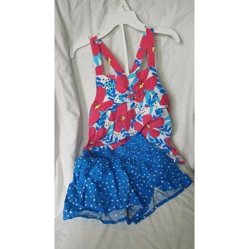 244 Tank Top & Short Set Blue & Pink Tropical Floral Polka Dots Size 5T Girls